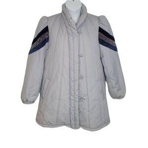 VINTAGE 70s coat gray puff sleeve quilted‎ winter jacket with corduroy stripe L